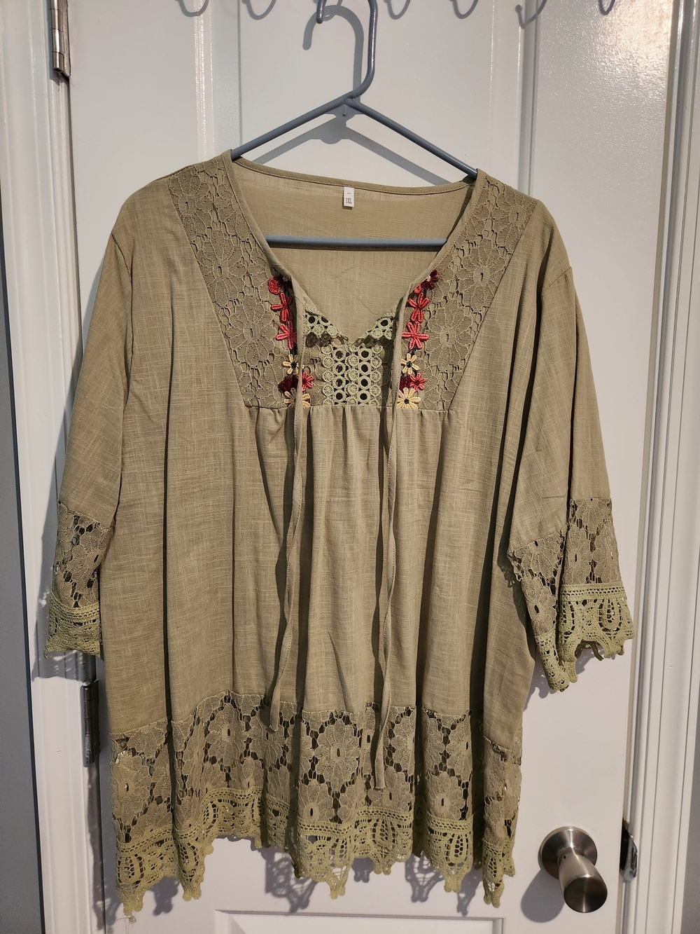 Olive Green Lace-Trim Peasant Blouse - Women Tops